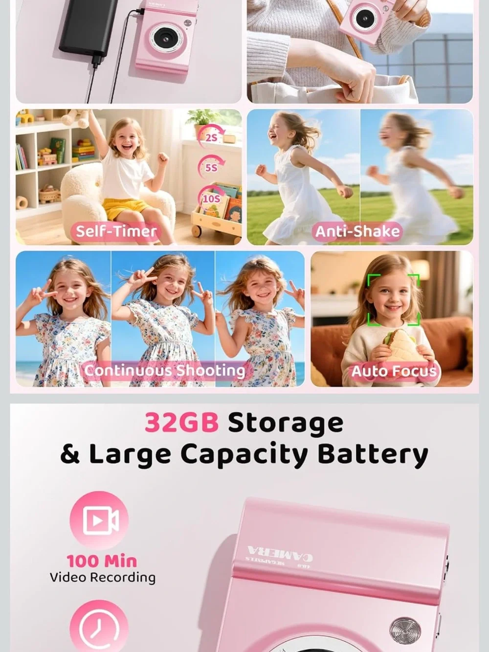 Pink Digital Kids Camera with 32GB SD Card - Compact Point & Shoot